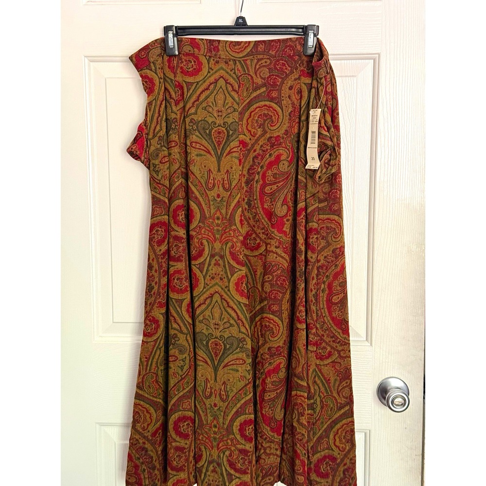 Vtg Koret Paisley Tan Red Boho Granny prairie Long A-Line Skirt Size 20 pockets